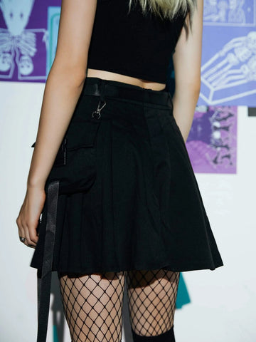 ROMWE Grunge Punk Release-Buckle Pleated Cargo Skirt, School