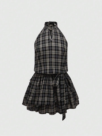 ROMWE Grunge Punk Retro Plaid Backless A-Line Cami Dress For Women