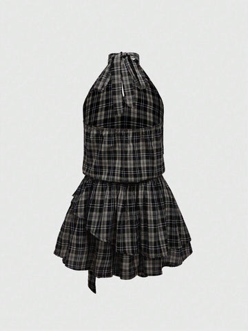 ROMWE Grunge Punk Retro Plaid Backless A-Line Cami Dress For Women