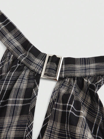 ROMWE Grunge Punk Retro Plaid Backless A-Line Cami Dress For Women