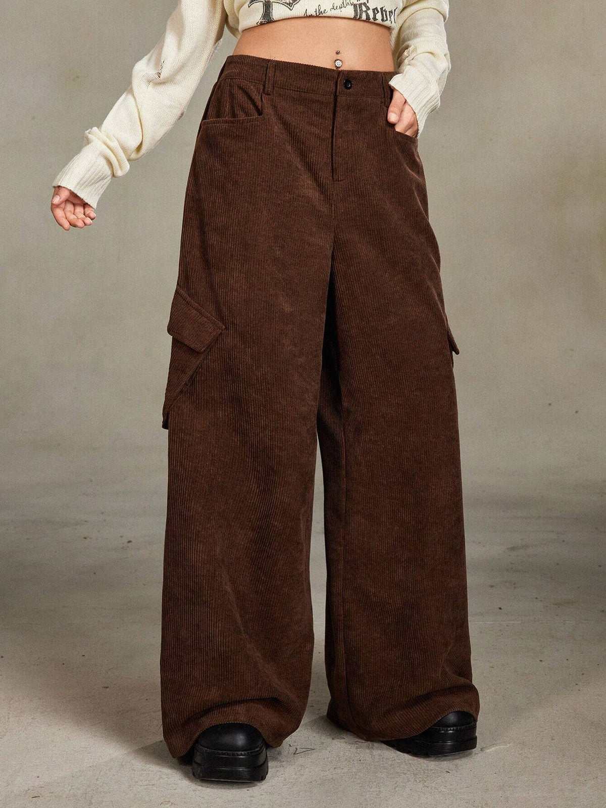 ROMWE Grunge Punk Retro Street Corduroy Loose Women Long Pants