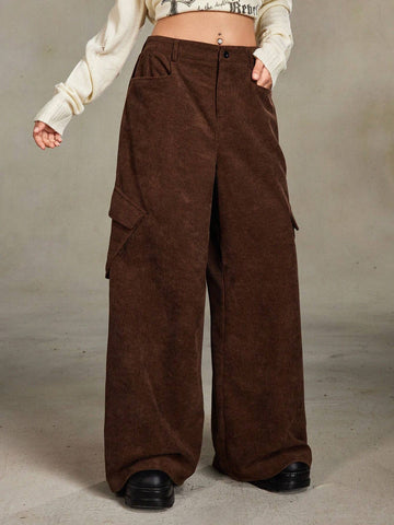 ROMWE Grunge Punk Retro Street Corduroy Loose Women Long Pants