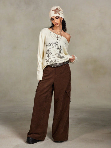 ROMWE Grunge Punk Retro Street Corduroy Loose Women Long Pants