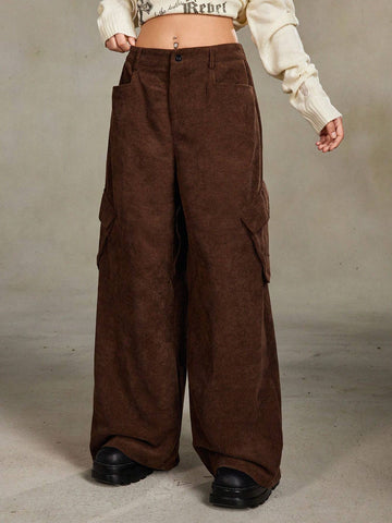 ROMWE Grunge Punk Retro Street Corduroy Loose Women Long Pants