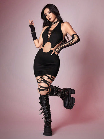 ROMWE Grunge Punk Sexy Strappy Backless Halter Neck Mini Dress With Circular Cutouts & Bodycon