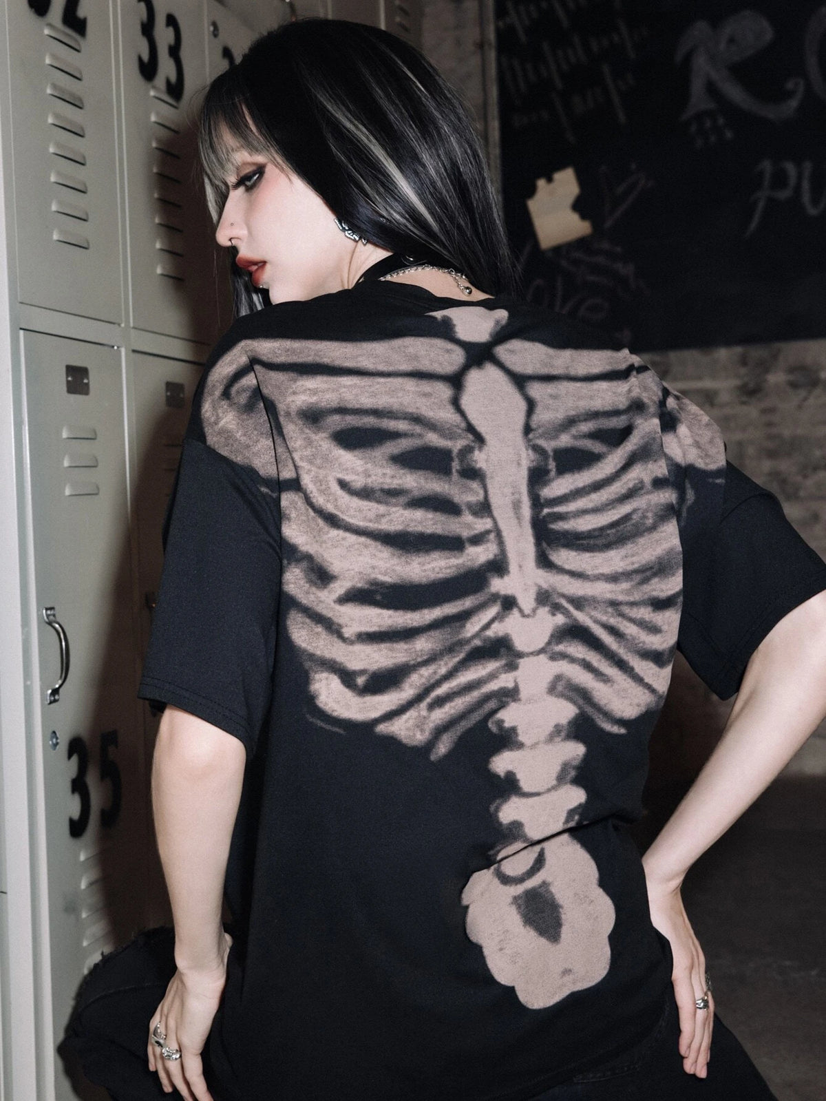 Grunge Punk Skeleton Graphic Drop Shoulder Tee, School
