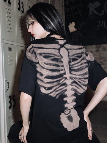 Grunge Punk Skeleton Graphic Drop Shoulder Tee, School