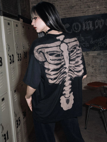 Grunge Punk Skeleton Graphic Drop Shoulder Tee, School