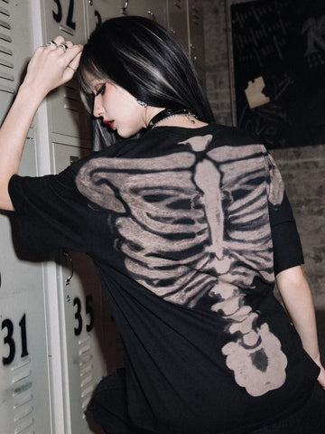 Grunge Punk Skeleton Graphic Drop Shoulder Tee, School