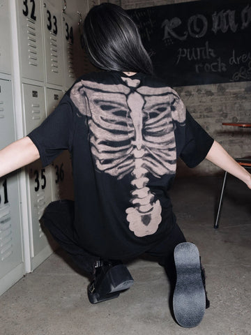 Grunge Punk Skeleton Graphic Drop Shoulder Tee, School