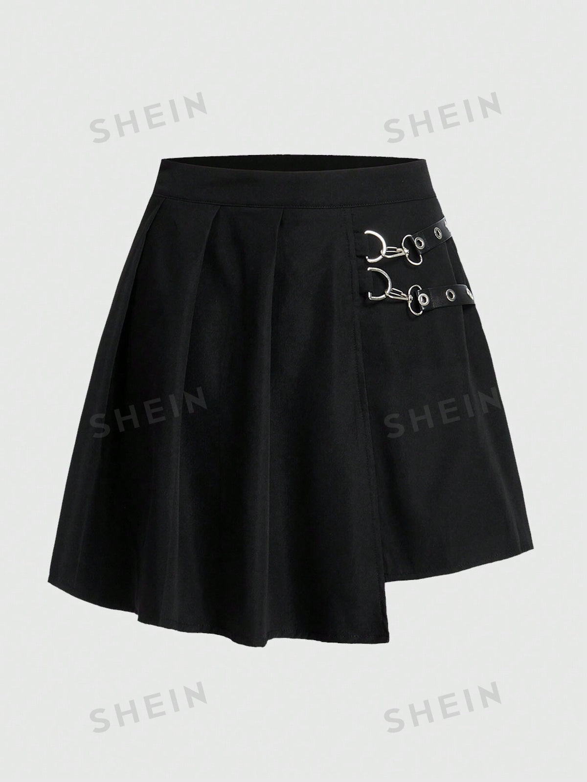 ROMWE Grunge Punk Solid Asymmetrical Hem Pleated Skirt