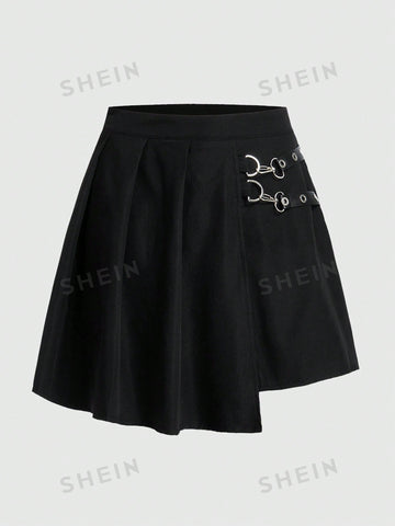 ROMWE Grunge Punk Solid Asymmetrical Hem Pleated Skirt