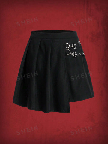 ROMWE Grunge Punk Solid Asymmetrical Hem Pleated Skirt