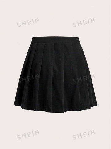 ROMWE Grunge Punk Solid Asymmetrical Hem Pleated Skirt