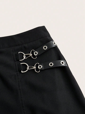 ROMWE Grunge Punk Solid Asymmetrical Hem Pleated Skirt