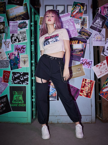 ROMWE Grunge Punk Solid Belted Chain Cut-out Pants