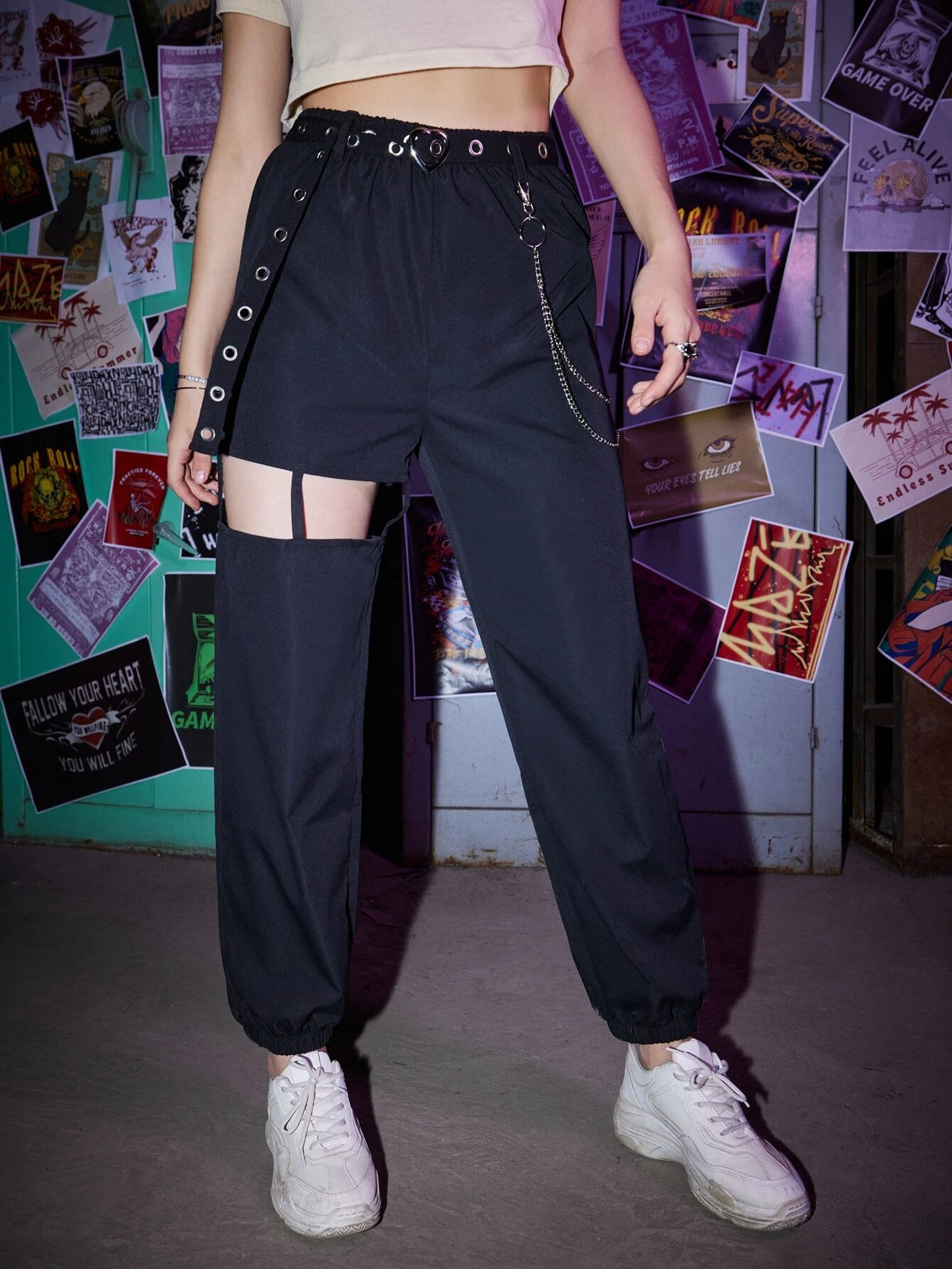 ROMWE Grunge Punk Solid Belted Chain Cut-out Pants
