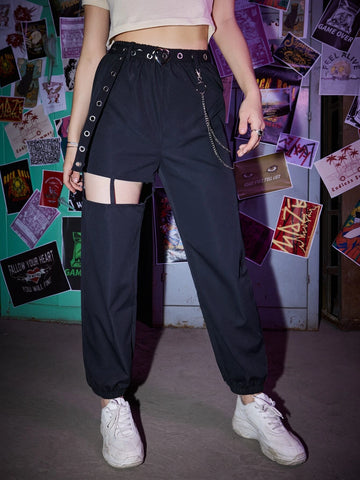 ROMWE Grunge Punk Solid Belted Chain Cut-out Pants
