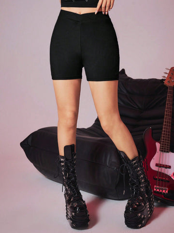 ROMWE Grunge Punk Solid Ribbed Biker Shorts