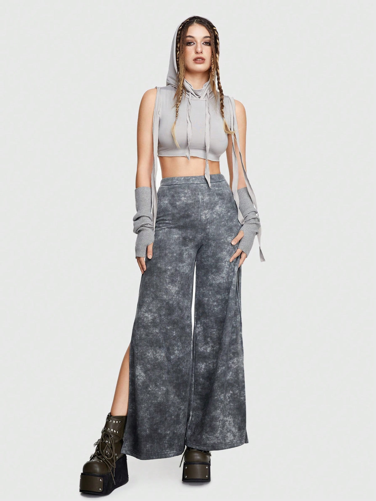 ROMWE Grunge Punk Tie Dye Split Hem Wide Leg Sweatpants
