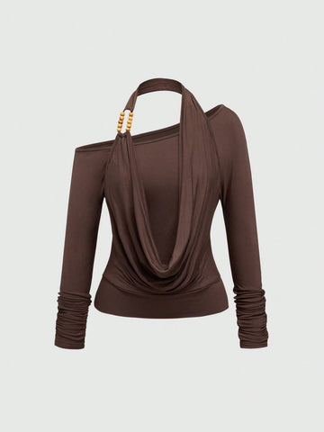 Grunge Punk Vintage Grunge Style Draped Neck Asymmetric Batwing Sleeve Women Loose T-Shirt