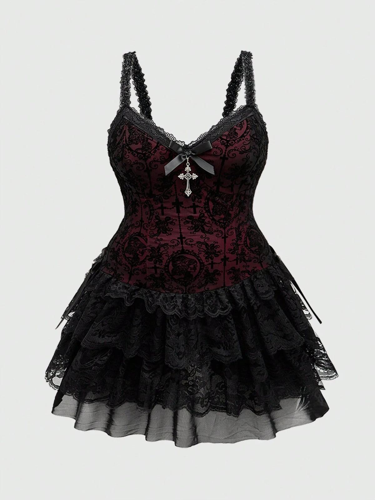 ROMWE Grunge Punk Women Vintage Grunge Subculture Dark Style Layered Ruffle Trim Flocked Cross & Bow Short Dress