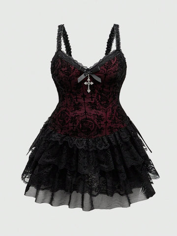 ROMWE Grunge Punk Women Vintage Grunge Subculture Dark Style Layered Ruffle Trim Flocked Cross & Bow Short Dress