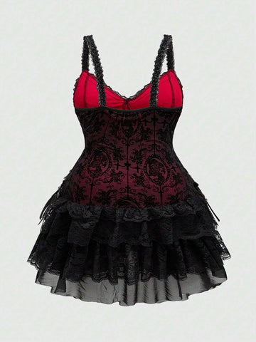 ROMWE Grunge Punk Women Vintage Grunge Subculture Dark Style Layered Ruffle Trim Flocked Cross & Bow Short Dress