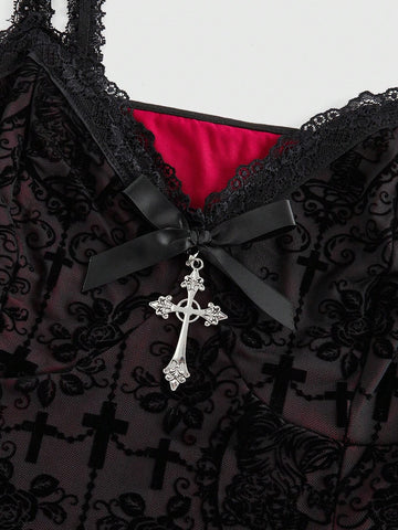 ROMWE Grunge Punk Women Vintage Grunge Subculture Dark Style Layered Ruffle Trim Flocked Cross & Bow Short Dress