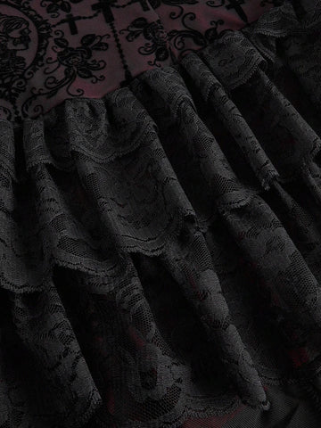 ROMWE Grunge Punk Women Vintage Grunge Subculture Dark Style Layered Ruffle Trim Flocked Cross & Bow Short Dress