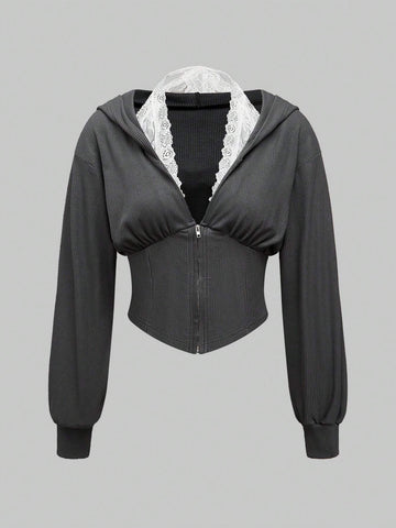 Women's Casual Lace Patchwork Hooded T-Shirt, Mock 2-Piece Design