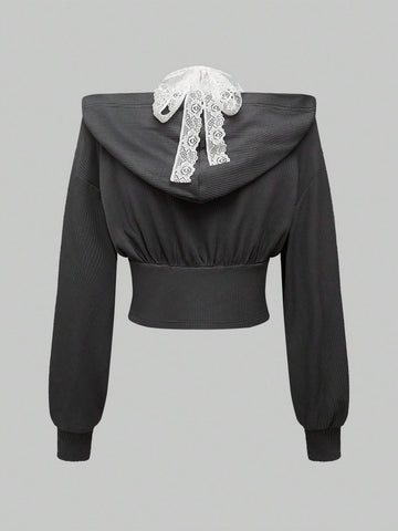 Women's Casual Lace Patchwork Hooded T-Shirt, Mock 2-Piece Design