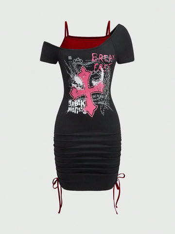 ROMWE Grunge Punk Women's Grunge Punk Style Cross Rhinestone Embellished Mini Dress