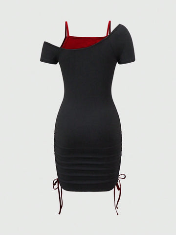 ROMWE Grunge Punk Women's Grunge Punk Style Cross Rhinestone Embellished Mini Dress