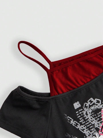 ROMWE Grunge Punk Women's Grunge Punk Style Cross Rhinestone Embellished Mini Dress