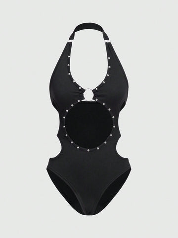 ROMWE Grunge Punk Women's Hollow Out Pearl Decor Halter Neck Bodysuit