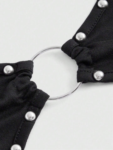 ROMWE Grunge Punk Women's Hollow Out Pearl Decor Halter Neck Bodysuit