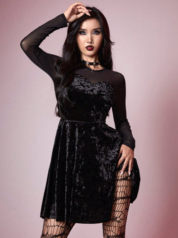 ROMWE Grunge Punk Women's Mesh & Velvet Patchwork Dress