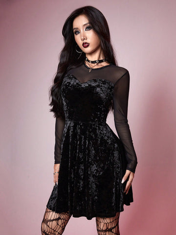ROMWE Grunge Punk Women's Mesh & Velvet Patchwork Dress