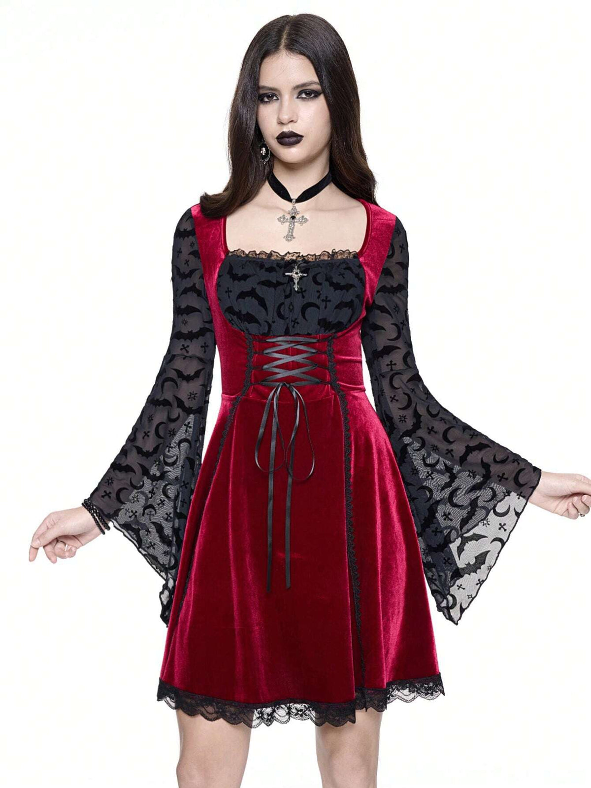 ROMWE Grunge Punk Women's Party Gothic Witch Flocked Patchwork Dress With Moon & Bat Details, Tie Neck, Lace Trim, Flare Mini Silhouette