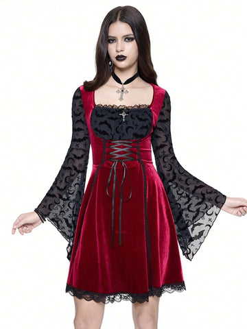 ROMWE Grunge Punk Women's Party Gothic Witch Flocked Patchwork Dress With Moon & Bat Details, Tie Neck, Lace Trim, Flare Mini Silhouette