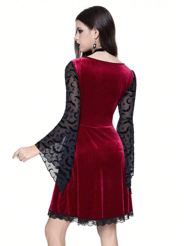 ROMWE Grunge Punk Women's Party Gothic Witch Flocked Patchwork Dress With Moon & Bat Details, Tie Neck, Lace Trim, Flare Mini Silhouette