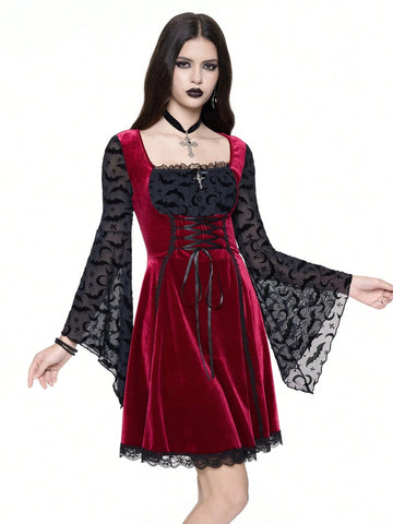 ROMWE Grunge Punk Women's Party Gothic Witch Flocked Patchwork Dress With Moon & Bat Details, Tie Neck, Lace Trim, Flare Mini Silhouette