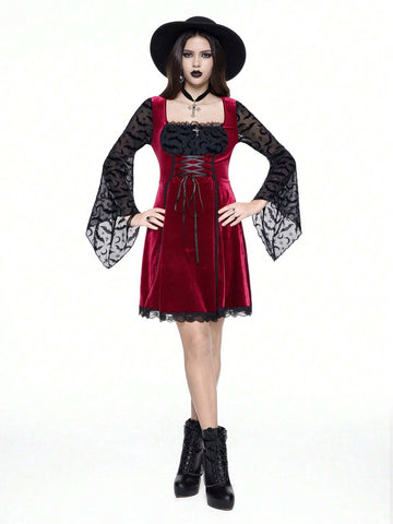 ROMWE Grunge Punk Women's Party Gothic Witch Flocked Patchwork Dress With Moon & Bat Details, Tie Neck, Lace Trim, Flare Mini Silhouette