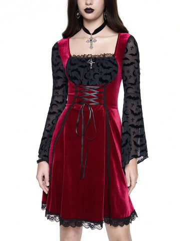 ROMWE Grunge Punk Women's Party Gothic Witch Flocked Patchwork Dress With Moon & Bat Details, Tie Neck, Lace Trim, Flare Mini Silhouette