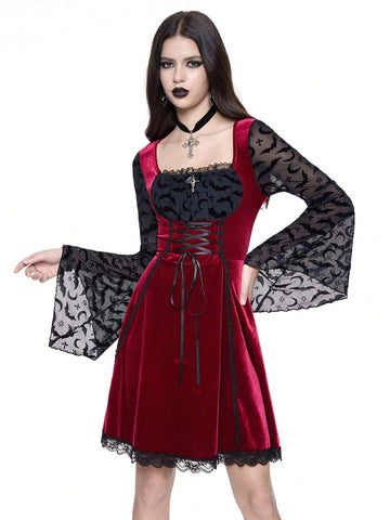 ROMWE Grunge Punk Women's Party Gothic Witch Flocked Patchwork Dress With Moon & Bat Details, Tie Neck, Lace Trim, Flare Mini Silhouette