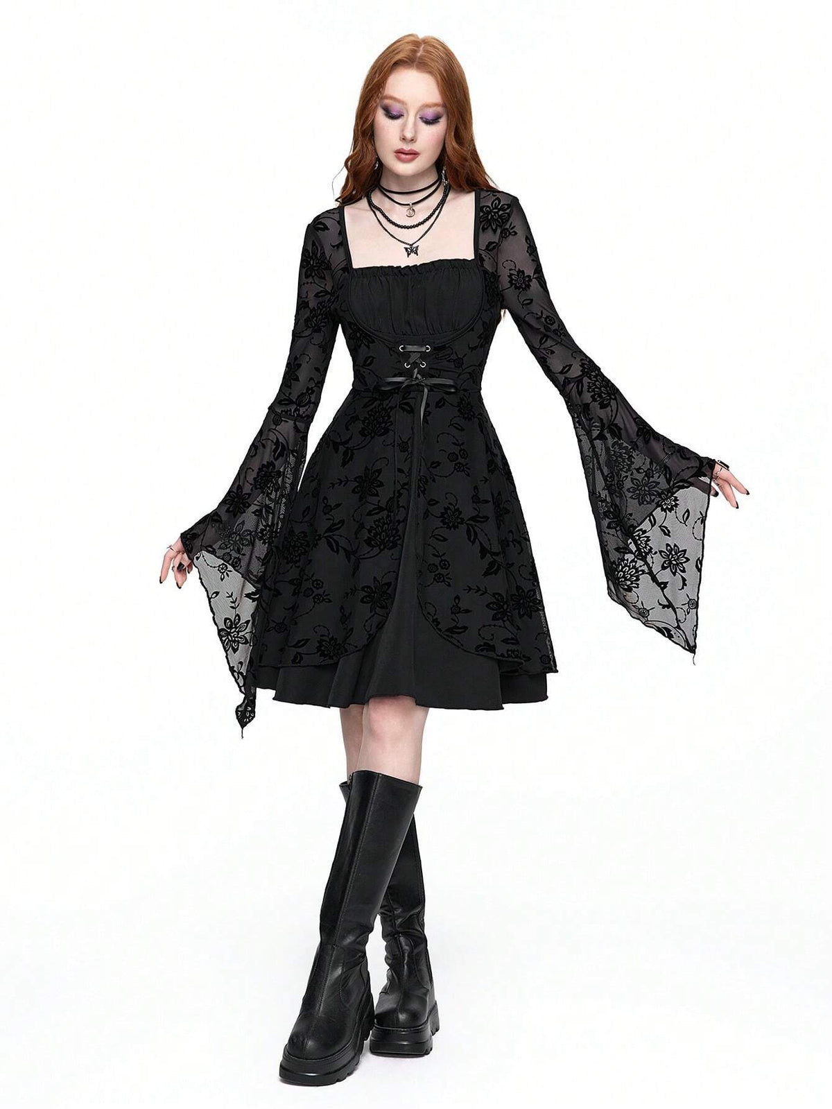 ROMWE Grunge Punk Women's Retro Dark Gothic Witch Style Flocked Patchwork Bell Sleeve Tied Waist Dress