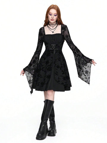 ROMWE Grunge Punk Women's Retro Dark Gothic Witch Style Flocked Patchwork Bell Sleeve Tied Waist Dress