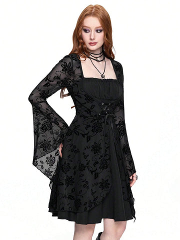 ROMWE Grunge Punk Women's Retro Dark Gothic Witch Style Flocked Patchwork Bell Sleeve Tied Waist Dress
