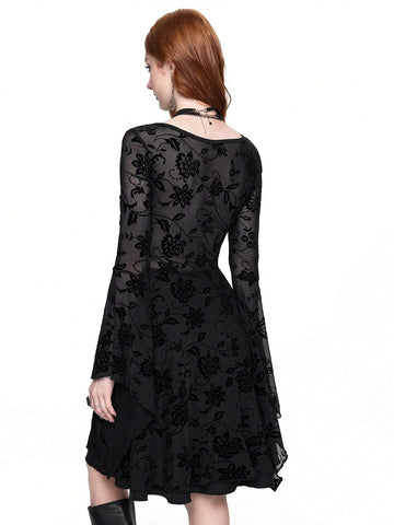 ROMWE Grunge Punk Women's Retro Dark Gothic Witch Style Flocked Patchwork Bell Sleeve Tied Waist Dress